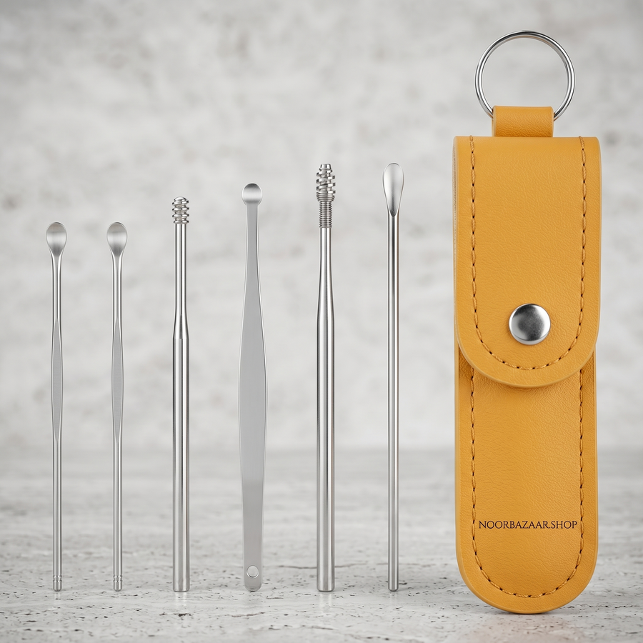 Premium 6-in-1 Stainless Steel Ear Wax Cleaning Kit with Leather Pouch